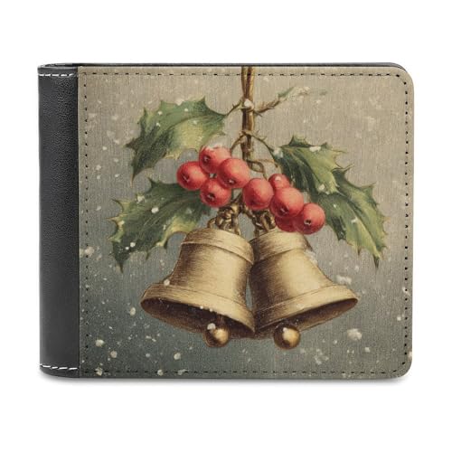 Jubonexis Vintage Holly Red Berries Two Brass Bells Soft PU Leather Bifold Wallet, Coin Purse Credit Pass Case, Durable Card Holder Slim Billfold for Men Woman Money Storage von Jubonexis