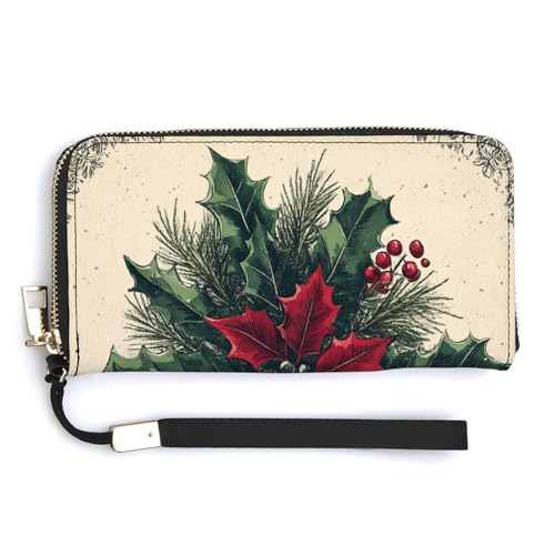 Jubonexis Vintage Weihnachten Holly Poinsetti PU Leder Clutch Lange Bifold Wallet Münzgeldbörse Kreditkartenetui Langlebig Kartenhalter Geld Aufbewahrung für Damen Herren von Jubonexis