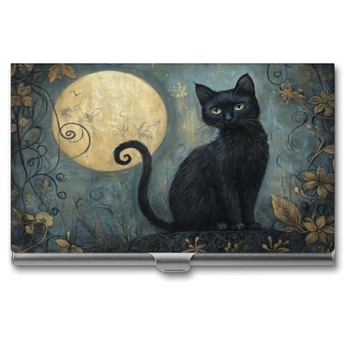 Jubonexis Visitenkartenetui für Halloween, schwarze Katze, schlankes Metall, Visitenkartenetui für Damen und Herren von Jubonexis