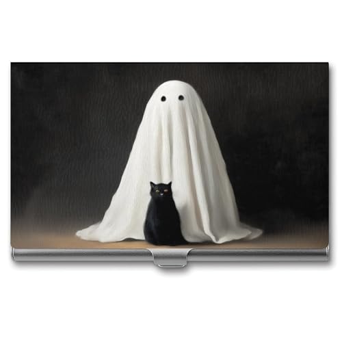 Jubonexis Visitenkartenetui im Vintage-Stil mit weißem Blatt und schwarzer Katze, schlankes Metall-Visitenkartenetui für Damen und Herren von Jubonexis