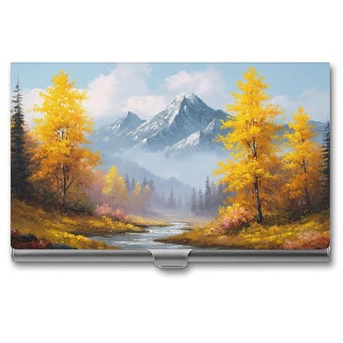 Jubonexis Visitenkartenetui mit Herbstlandschaft, gelbe Bäume, Berge, Tasche, schmal, Metall, Visitenkartenetui für Damen und Herren von Jubonexis