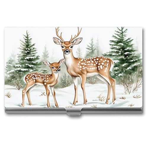 Jubonexis Visitenkartenetui mit Hirsch und Rehkitz im Schnee, Tasche, schmal, Metall, Visitenkartenetui für Damen und Herren von Jubonexis