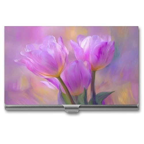 Jubonexis Visitenkartenetui mit rosa und violetten Tulpen, schlankes Metall-Visitenkartenetui für Damen und Herren von Jubonexis