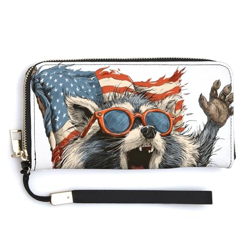 Jubonexis Waschbär mit Sonnenbrille und amerikanischer Flagge, PU-Leder, Clutch, lange Geldbörse, Münzgeldbörse, Kreditkartenetui, robuster Kartenhalter, Geldaufbewahrung für Damen und Herren von Jubonexis