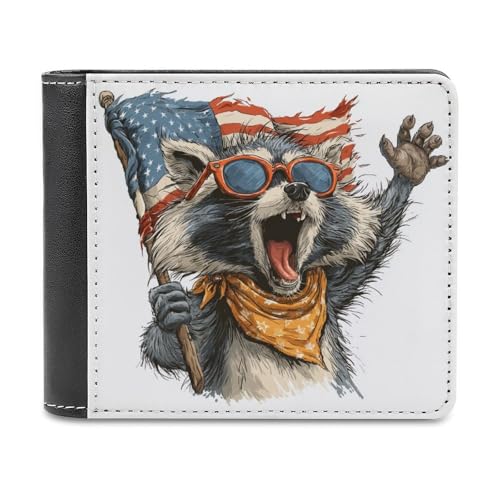 Jubonexis Waschbär mit Sonnenbrille und amerikanischer Flagge, weiches PU-Leder, Bifold Wallet, Münzgeldbörse, Kreditkarten-Etui, langlebig, Kartenhalter, schmal, für Männer und Frauen von Jubonexis