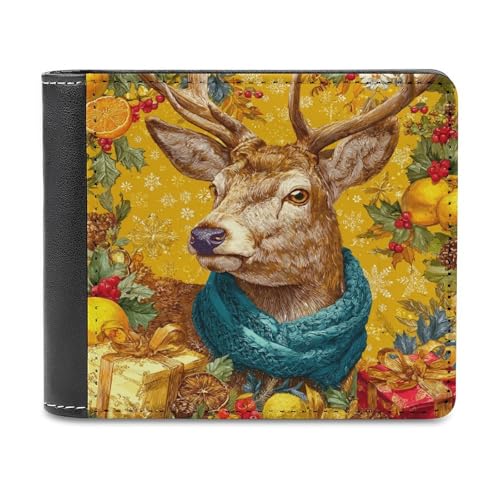 Jubonexis Weihnachtliches Hirsch mit Schal auf goldenem, weichem PU-Leder, Bifold Wallet, Münzgeldbörse, Kreditkartenetui, robuster Kartenhalter, schlanke Geldscheinfach für Männer und Frauen von Jubonexis