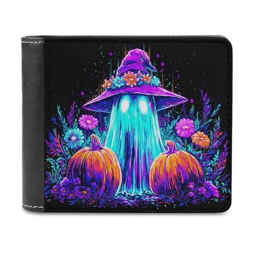 Jubonexis Whimsical Halloween Ghost Purple Turquoise Soft PU Leather Bifold Wallet, Coin Purse Credit Pass Case, Durable Card Holder Slim Billfold for Men Woman Money Storage von Jubonexis