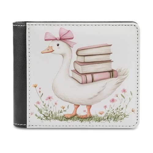 Jubonexis White Goose Pink Bow Books Soft PU Leather Bifold Wallet, Coin Purse Credit Pass Case, Durable Card Holder Slim Billfold for Men Woman Money Storage von Jubonexis