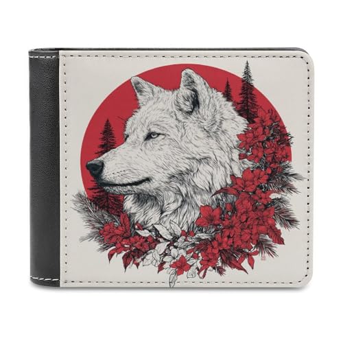 Jubonexis White Wolf Red Flowers Soft PU Leather Bifold Wallet, Coin Purse Credit Pass Case, Durable Card Holder Slim Billfold for Men Woman Money Storage von Jubonexis