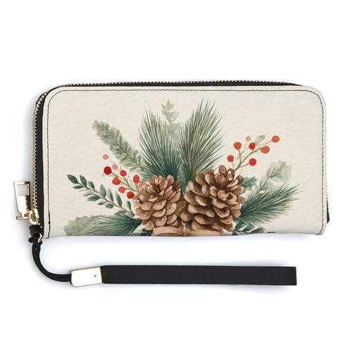 Jubonexis Winter Weihnachten Tannenzapfen Schleife PU Leder Clutch Lange Bifold Wallet Münzgeldbörse Kreditkartenetui Langlebig Kartenhalter Geld Aufbewahrung für Damen Herren von Jubonexis