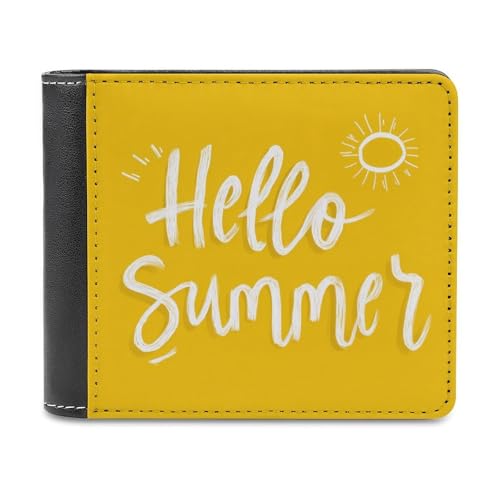 Jubonexis Word Hello Summer on Yellow Minimalistic Soft PU Leather Bifold Wallet, Coin Purse Credit Pass Case, Durable Card Holder Slim Billfold for Men Woman Money Storage von Jubonexis
