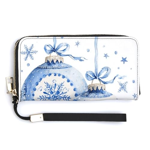 Jubonexis Zwei blau-weiße Weihnachts-Ornamente, PU-Leder, Clutch, lange Faltbörse, Münzgeldbörse, Kreditkartenetui, robuster Kartenhalter, Geldaufbewahrung für Damen und Herren von Jubonexis