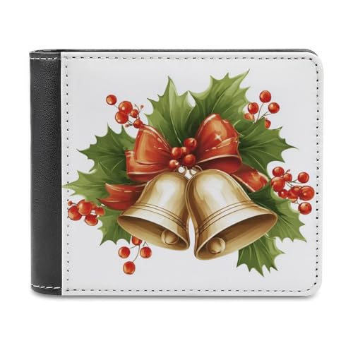 Jubonexis Zweifach gefaltete Geldbörse aus weichem Kunstleder mit Weihnachtsschleifen, Glocken, Stechpalmen und roten Beeren, Geldbörse, Portemonnaie, Kartenhalter und schmales Portemonnaie für Damen von Jubonexis