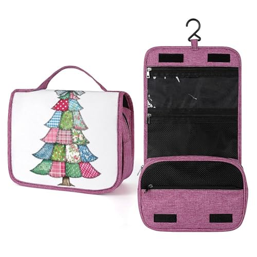 Kosmetiktasche für Damen, Motiv: Weihnachtsbaum, Patchwork, Quilt, Stoff, Reise-Kulturbeutel für Damen, zum Aufhängen, Make-up-Organizer mit Haken für Shampoo von Jubonexis
