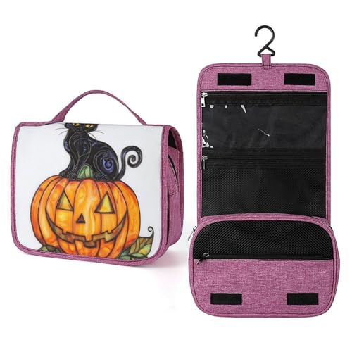 Kulturbeutel aus Buntglas, Halloween, schwarze Katze, orangefarbener Kürbis, Reise-Kulturbeutel für Damen, zum Aufhängen, Make-up-Organizer mit Haken für Shampoo Kulturbeutel aus Buntglas, Halloween, schwarze Katze, orangefarbener Kürbis, Reise-Kulturbeutel für Damen, zum Aufhängen, Make-up-Organizer mit Haken für Shampoo von Jubonexis