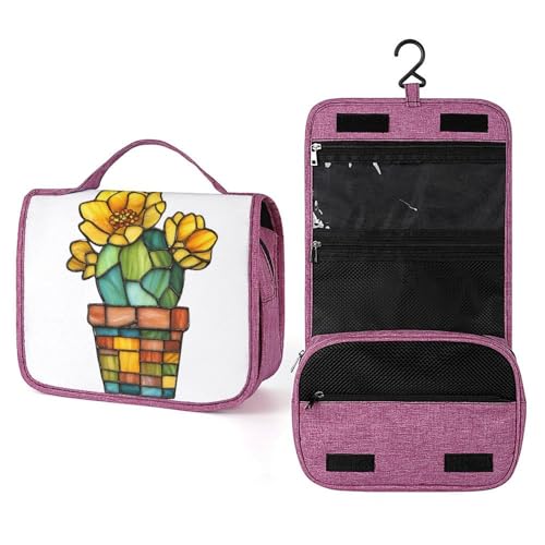 Kulturbeutel aus Buntglas, Kaktuspflanze mit Blumen, Reise-Kulturbeutel für Damen, hängender Make-up-Organizer mit Haken für Shampoo Kulturbeutel aus Buntglas, Kaktuspflanze mit Blumen, Reise-Kulturbeutel für Damen, hängender Make-up-Organizer mit Haken für Shampoo von Jubonexis
