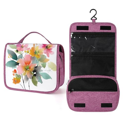 Kulturbeutel für Damen, Aquarell-Blumenstrauß mit rosa orangefarbenen und grünen Blumen, zum Aufhängen, Make-up-Organizer mit Haken für Shampoo von Jubonexis