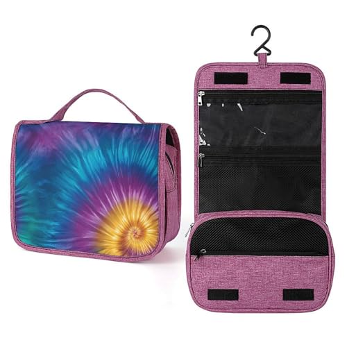 Kulturbeutel für Damen, Batikfärbung, wirbelnd, Indigo, Türkis, Goldgelb, Reise-Kulturbeutel für Damen, zum Aufhängen, Make-up-Organizer mit Haken für Shampoo Kulturbeutel für Damen, Batikfärbung, wirbelnd, Indigo, Türkis, Goldgelb, Reise-Kulturbeutel für Damen, zum Aufhängen, Make-up-Organizer mit Haken für Shampoo von Jubonexis