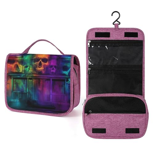 Kulturbeutel für Damen, Halloween-Haus, Totenkopf-Gesicht, zum Aufhängen, Make-up-Organizer mit Haken für Shampoo Kulturbeutel für Damen, Halloween-Haus, Totenkopf-Gesicht, zum Aufhängen, Make-up-Organizer mit Haken für Shampoo von Jubonexis