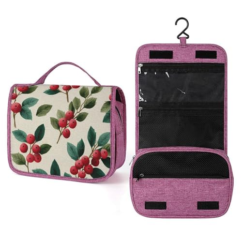 Kulturbeutel für Damen, Motiv: Stechpalmenstrauß, zum Aufhängen, Make-up-Organizer mit Haken für Shampoo, Rot und Grün von Jubonexis