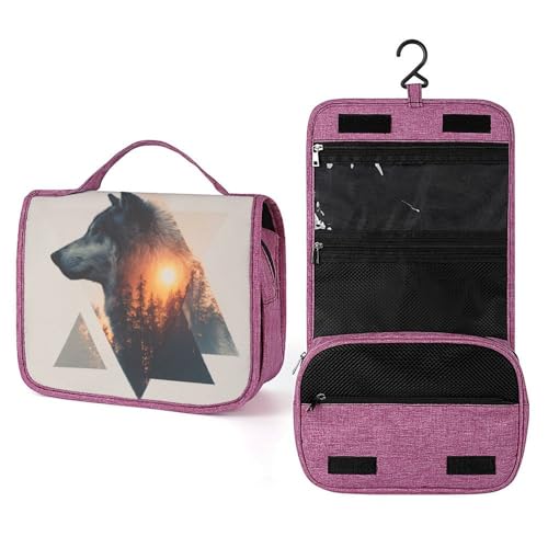Kulturbeutel für Damen, Motiv: Wolf, Sonne, Kiefernbäume, geometrische Formen, Reise-Kulturbeutel für Damen, zum Aufhängen, Make-up-Organizer mit Haken für Shampoo Kulturbeutel für Damen, Motiv: Wolf, Sonne, Kiefernbäume, geometrische Formen, Reise-Kulturbeutel für Damen, zum Aufhängen, Make-up-Organizer mit Haken für Shampoo von Jubonexis