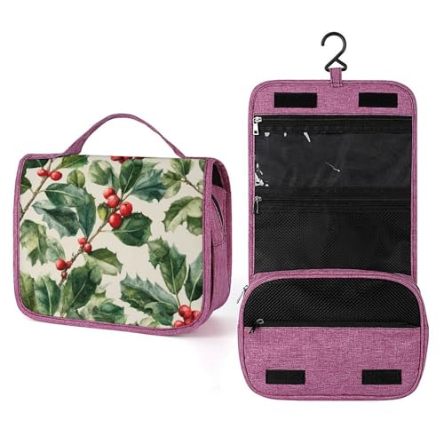 Kulturbeutel für Damen, Motiv: grüne Stechpalmenblätter und Beeren, zum Aufhängen, Make-up-Organizer mit Haken für Shampoo Kulturbeutel für Damen, Motiv: grüne Stechpalmenblätter und Beeren, zum Aufhängen, Make-up-Organizer mit Haken für Shampoo von Jubonexis