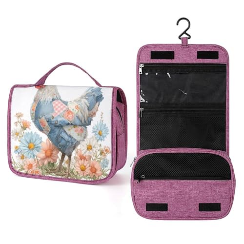 Kulturbeutel für Damen, Vintage-Denim, Huhn, Wildblumen, zum Aufhängen, Make-up-Organizer mit Haken für Shampoo Kulturbeutel für Damen, Vintage-Denim, Huhn, Wildblumen, zum Aufhängen, Make-up-Organizer mit Haken für Shampoo von Jubonexis