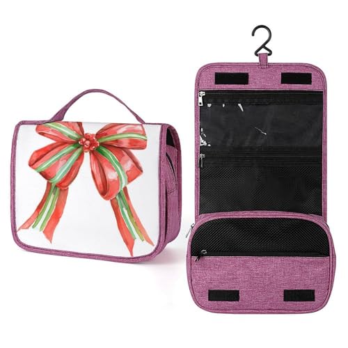 Kulturbeutel für Damen, Weihnachtsschleife mit grünen Streifen, roter Satin, zum Aufhängen, Make-up-Organizer mit Haken für Shampoo Kulturbeutel für Damen, Weihnachtsschleife mit grünen Streifen, roter Satin, zum Aufhängen, Make-up-Organizer mit Haken für Shampoo von Jubonexis