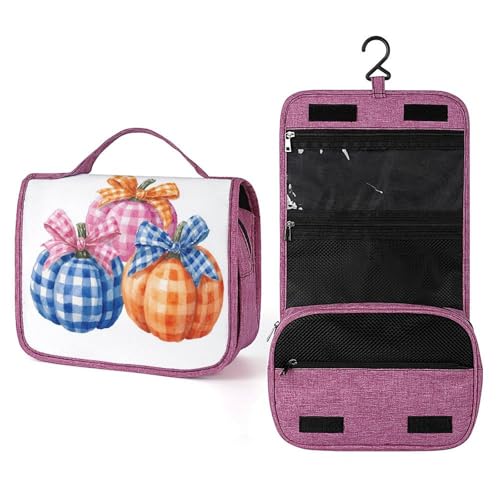 Kulturbeutel für Damen, drei karierte Kürbisse mit Schleifen, zum Aufhängen, Make-up-Organizer mit Haken für Shampoo Kulturbeutel für Damen, drei karierte Kürbisse mit Schleifen, zum Aufhängen, Make-up-Organizer mit Haken für Shampoo von Jubonexis