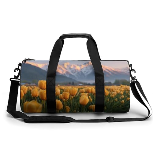 Kulturbeutel für Damen und Herren, zylindrische Reisetasche, Motiv: schöne Tulpen, mit Schultergurt, Gelb von Jubonexis