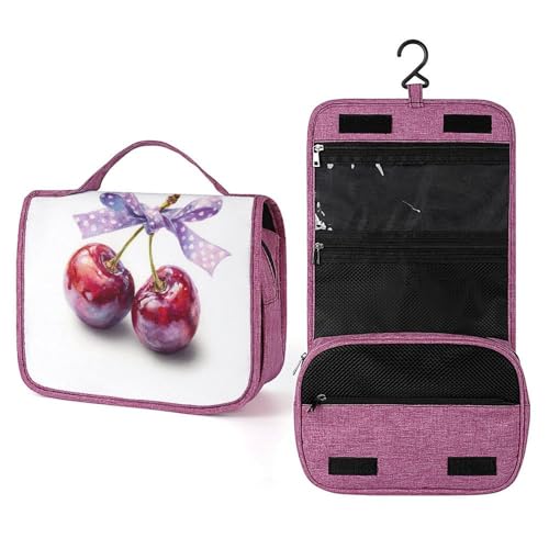 Kulturbeutel mit zwei Kirschen mit violetter Schleife, Reise-Kulturbeutel für Damen, zum Aufhängen, Make-up-Organizer mit Haken für Shampoo Kulturbeutel mit zwei Kirschen mit violetter Schleife, Reise-Kulturbeutel für Damen, zum Aufhängen, Make-up-Organizer mit Haken für Shampoo von Jubonexis