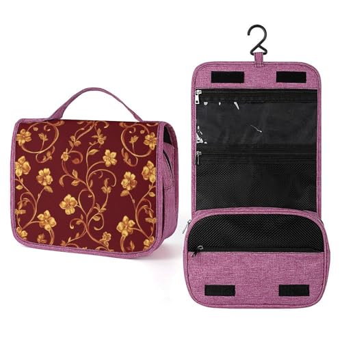 Reise-Kulturbeutel für Damen, Motiv: Goldene Blume, wirbelnde Weinrebe auf roter Reise, zum Aufhängen, Make-up-Organizer mit Haken für Shampoo Reise-Kulturbeutel für Damen, Motiv: Goldene Blume, wirbelnde Weinrebe auf roter Reise, zum Aufhängen, Make-up-Organizer mit Haken für Shampoo von Jubonexis