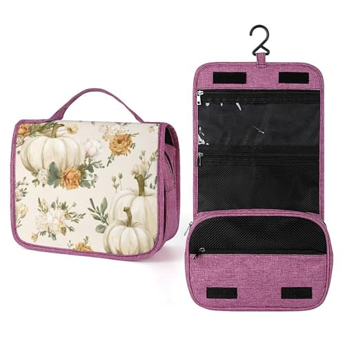 Reise-Kulturbeutel für Damen, Motiv: weiße Kürbisse, Blumen, Make-up-Organizer mit Haken für Shampoo Reise-Kulturbeutel für Damen, Motiv: weiße Kürbisse, Blumen, Make-up-Organizer mit Haken für Shampoo von Jubonexis