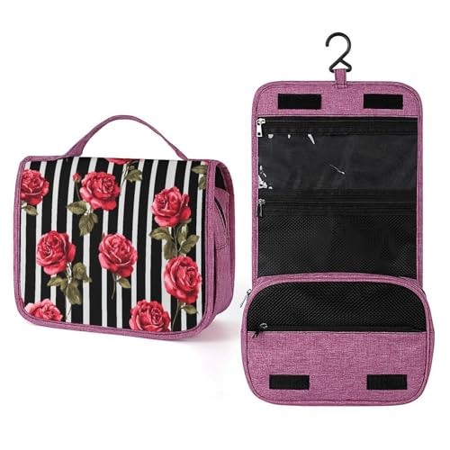 Reise-Kulturbeutel für Damen, Vintage-Stil, rote Rose auf schwarzen Streifen, zum Aufhängen, Make-up-Organizer mit Haken für Shampoo Reise-Kulturbeutel für Damen, Vintage-Stil, rote Rose auf schwarzen Streifen, zum Aufhängen, Make-up-Organizer mit Haken für Shampoo von Jubonexis