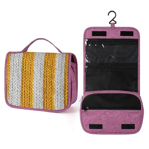 Reise-Kulturbeutel für Damen, gestrickter Stoff, gestreift, zum Aufhängen, Make-up-Organizer mit Haken für Shampoo, Gelb / Weiß Reise-Kulturbeutel für Damen, gestrickter Stoff, gestreift, zum Aufhängen, Make-up-Organizer mit Haken für Shampoo, Gelb / Weiß von Jubonexis