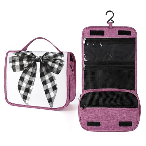 Reise-Kulturbeutel für Damen, mit karierter Schleife, zum Aufhängen, Make-up-Organizer mit Haken für Shampoo, Schwarz und Weiß Reise-Kulturbeutel für Damen, mit karierter Schleife, zum Aufhängen, Make-up-Organizer mit Haken für Shampoo, Schwarz und Weiß von Jubonexis