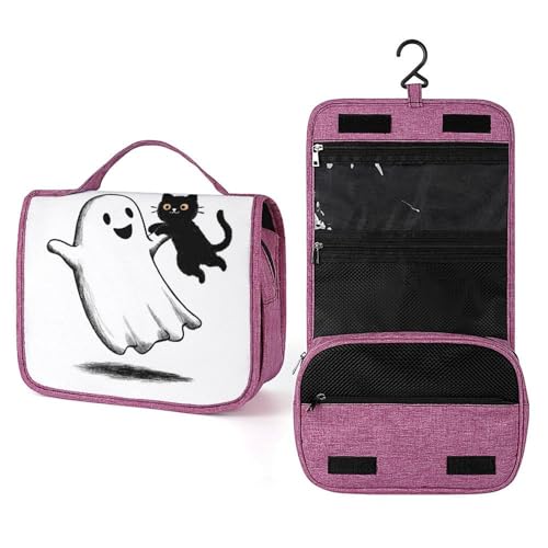 Reise-Kulturbeutel für Damen, niedlicher Cartoon-Geist spielt mit schwarzer Katze, zum Aufhängen, Make-up-Organizer mit Haken für Shampoo Reise-Kulturbeutel für Damen, niedlicher Cartoon-Geist spielt mit schwarzer Katze, zum Aufhängen, Make-up-Organizer mit Haken für Shampoo von Jubonexis