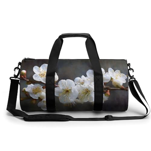 Reise-Turnbeutel für Damen und Herren, zylindrisch, mit Schultergurt, Pflaumenblüten, Weiß von Jubonexis