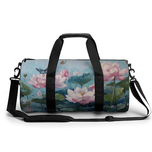 Reise-Turnbeutel für Damen und Herren, zylindrisch, mit Schulterriemen, Motiv: Lotusblumen, Rosa von Jubonexis