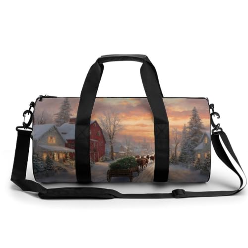 Reisetasche mit Weihnachts-Szene, alte rote Scheunenpferde, für Damen und Herren, zylindrische Reisetasche, Sporttasche, Workout-Tasche mit Schultergurt von Jubonexis