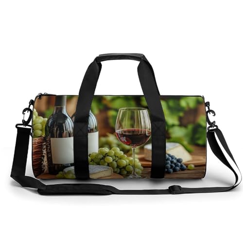Rotweinflaschen Glas grüne Trauben Reise Turnbeutel für Damen Herren zylindrische Reisetasche Sport Workout Tasche mit Schultergurt von Jubonexis
