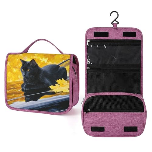 Schwarze Katze, die sich auf dem Auto ausruht, goldene Ahornblätter, Reise-Kulturbeutel für Damen, Make-up-Organizer zum Aufhängen mit Haken für Shampoo Schwarze Katze, die sich auf dem Auto ausruht, goldene Ahornblätter, Reise-Kulturbeutel für Damen, Make-up-Organizer zum Aufhängen mit Haken für Shampoo von Jubonexis