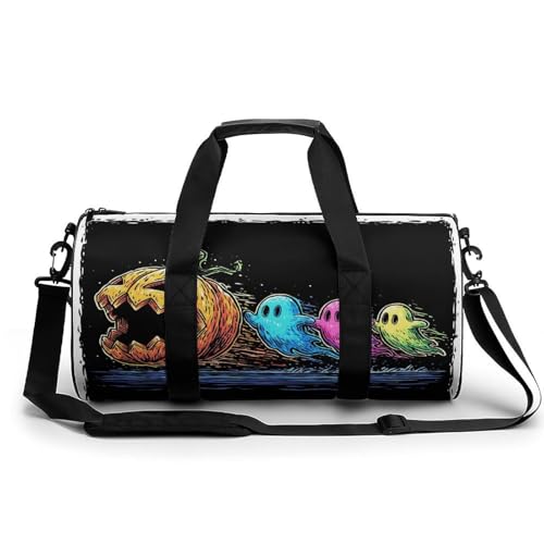 Three Cartoon Ghosts Halloween Kürbis Reise Turnbeutel für Damen Herren zylindrische Seesack Sport Workout Tasche mit Schultergurt von Jubonexis