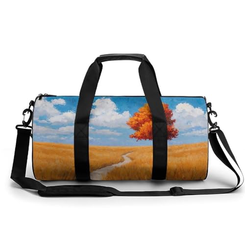 Tree Stands Tall in goldenem Weizenfeld, Reise-Turnbeutel für Damen und Herren, zylindrische Reisetasche, Sporttasche, Workout-Tasche mit Schultergurt von Jubonexis