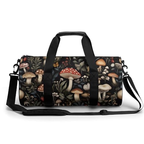 Vintage Botanical Mushrooms Travel Gym Bag for Women Men Cylindrical Duffle Bag Sport Workout Bag with Shoulder Strap von Jubonexis