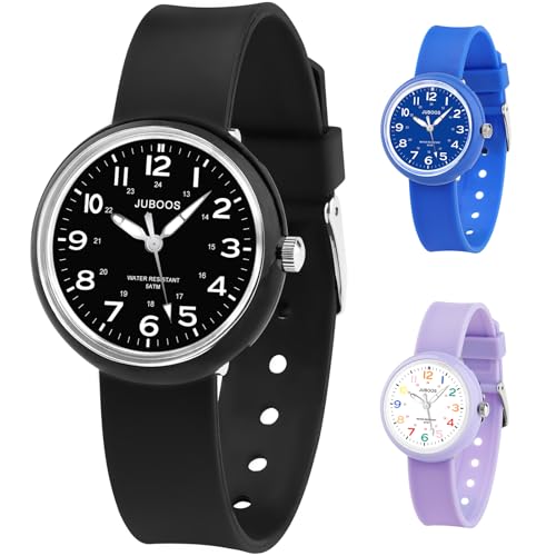 Juboos Kinderuhr Madchen, Armbanduhr Mädchen Junge Zeit Lernen Wasserdicht 3ATM,Uhr Kinder Analog 5-15 (Schwarz) von Juboos