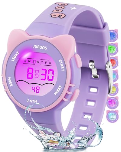 Juboos Kinder Digitaluhren, 7 Farben LED-Licht, Wasserdicht, Alarm, Stoppuhr, Outdoor Armbanduhr für Kinder 5-16 Jahre von Juboos