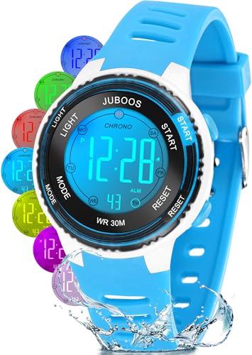 Juboos Kinder-Digitaluhr, Uhren für Jungen und Mädchen, wasserdichte Armbanduhr mit Aufdruck und 7 bunten Lichtern, Kleinkind-Uhr mit Jungen und Mädchen 5–15 von Juboos