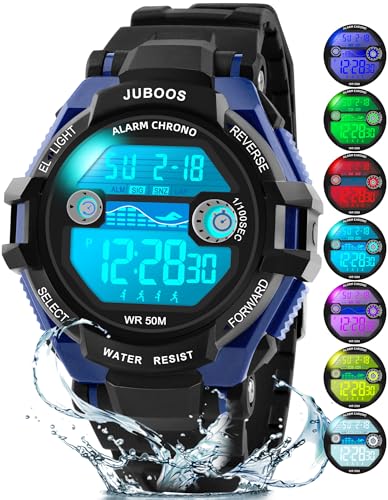 Juboos Kinder Digitaluhren, 7 Farben LED-Licht, Wasserdicht, Alarm, Stoppuhr, Outdoor Armbanduhr für Kinder 5-16 Jahre von Juboos