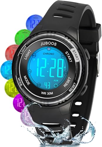 Juboos Kinder Digitaluhren, 7 Farben LED-Licht, Wasserdicht, Alarm, Stoppuhr, Outdoor Armbanduhr für Kinder 5-18 Jahre (Schwarz Blau) von Juboos